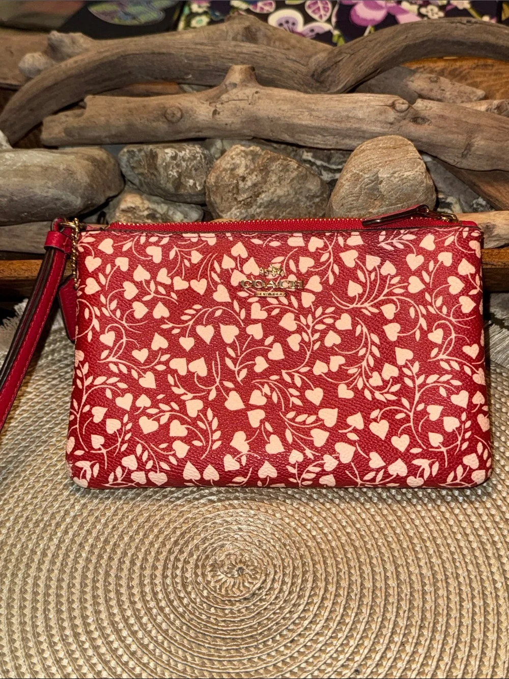 Coach Red and Cream Heart-Print Zip Wristlet